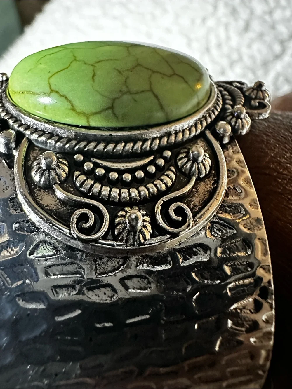 Silver Cuff Bracelet with Lime Green Stone